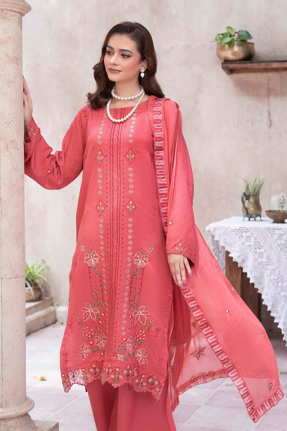 DUSTY ROSE EMBROIDERED SLUB ZARI VISCOSE SET