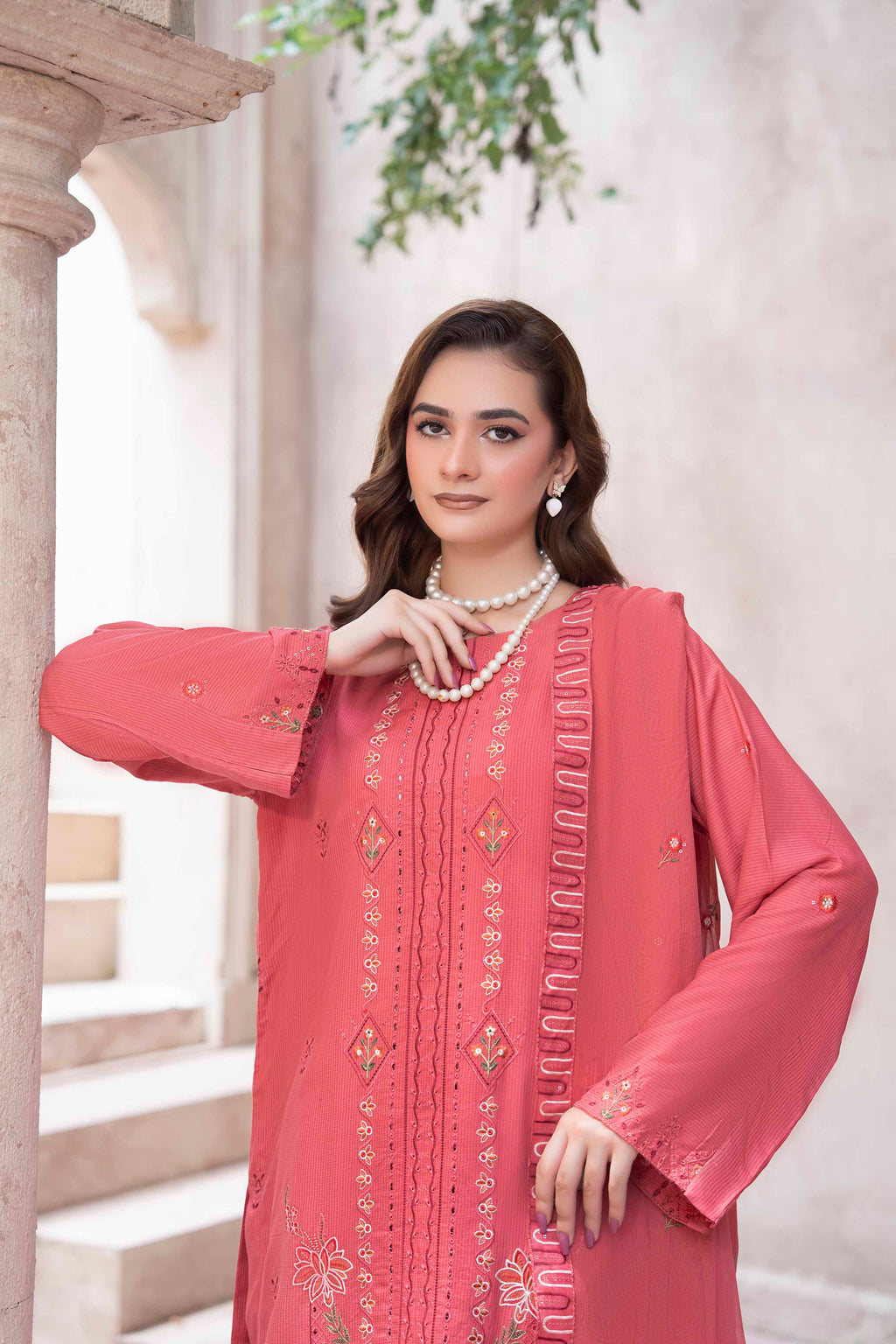 DUSTY ROSE EMBROIDERED SLUB ZARI VISCOSE SET