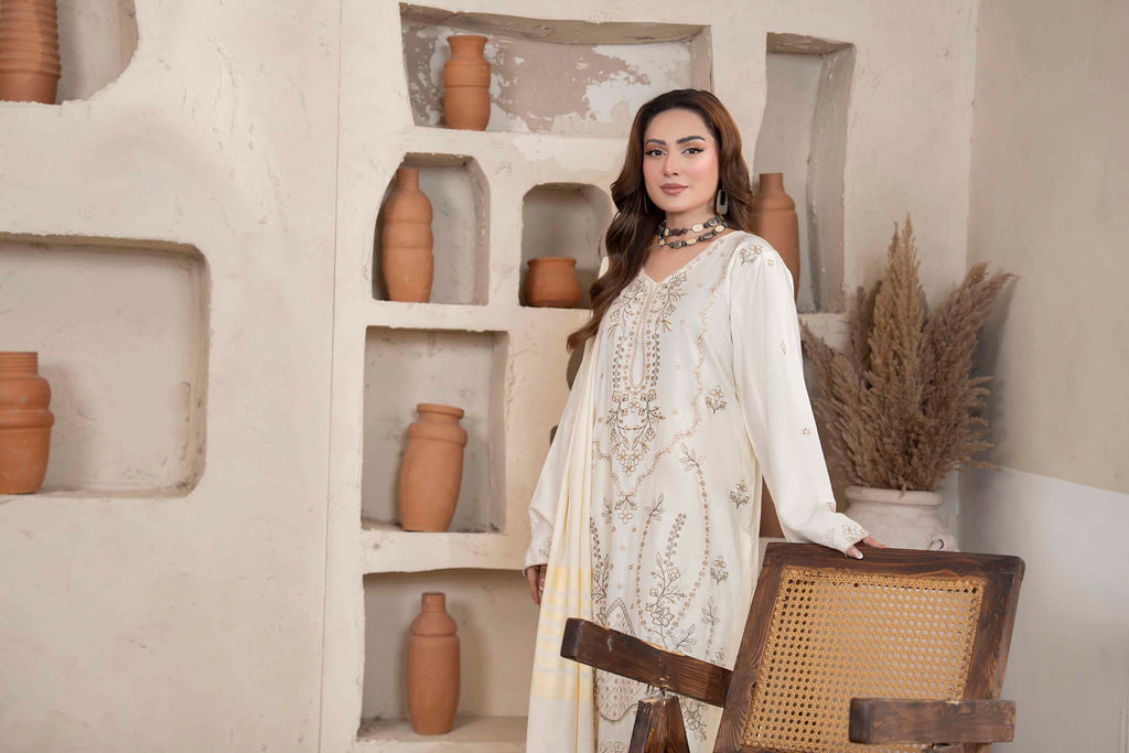 Pearl White Luxury Dhanak Suit With Velvet Shawl 3-Piece Suit – Unstitched