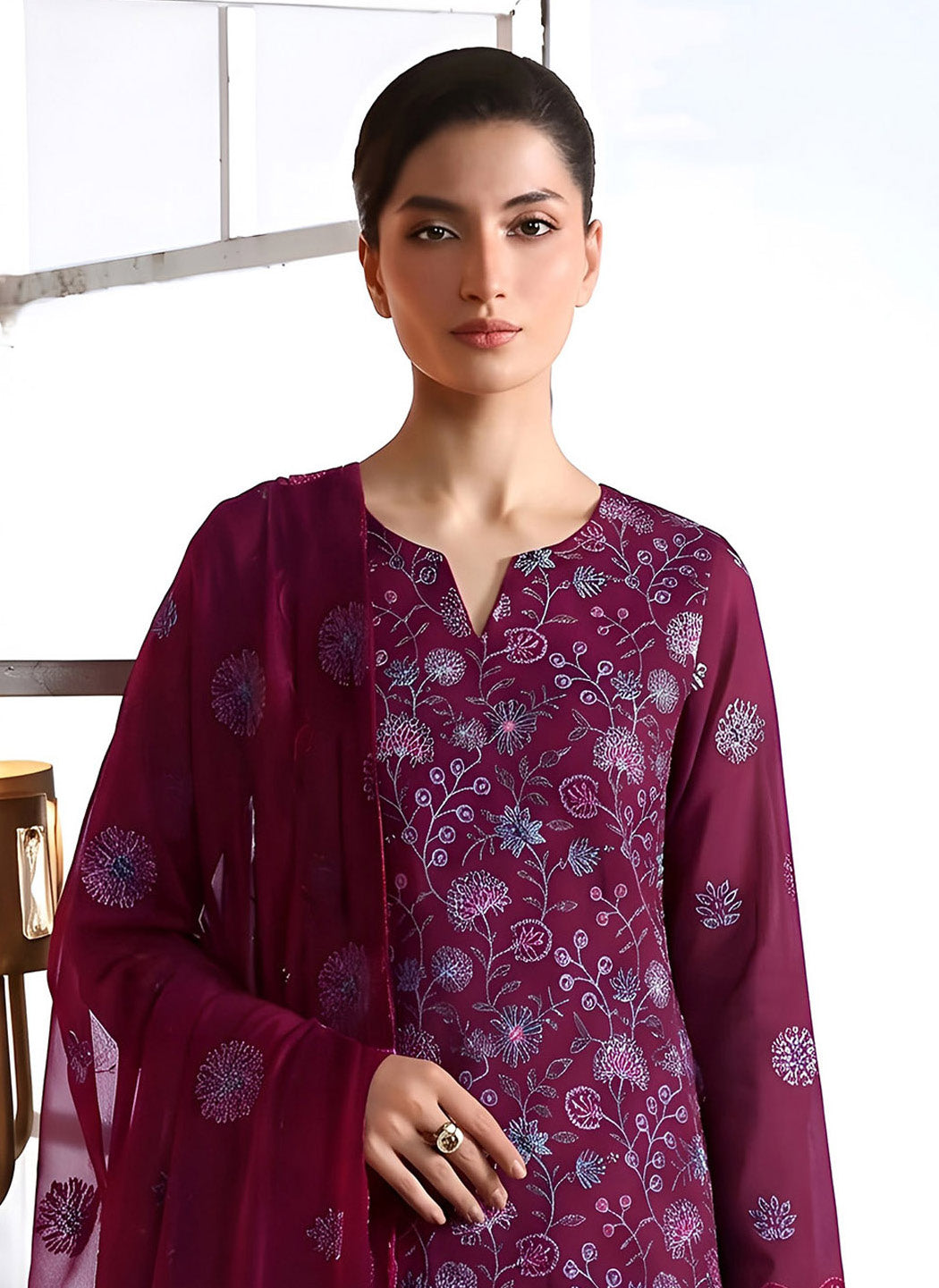 Plum Embroidered Karandi 3-Piece Suit – Unstitched