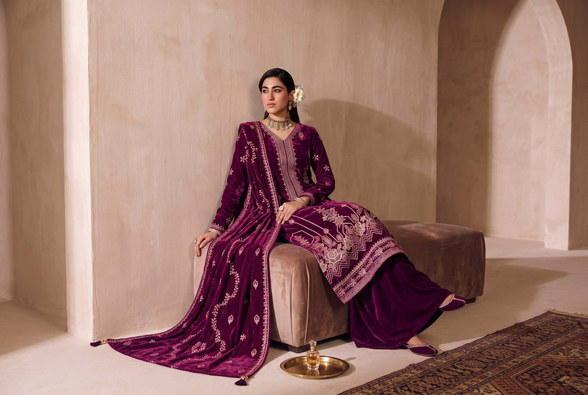 Plum Purple Embroidered Velvet 3-Piece Wedding Suit