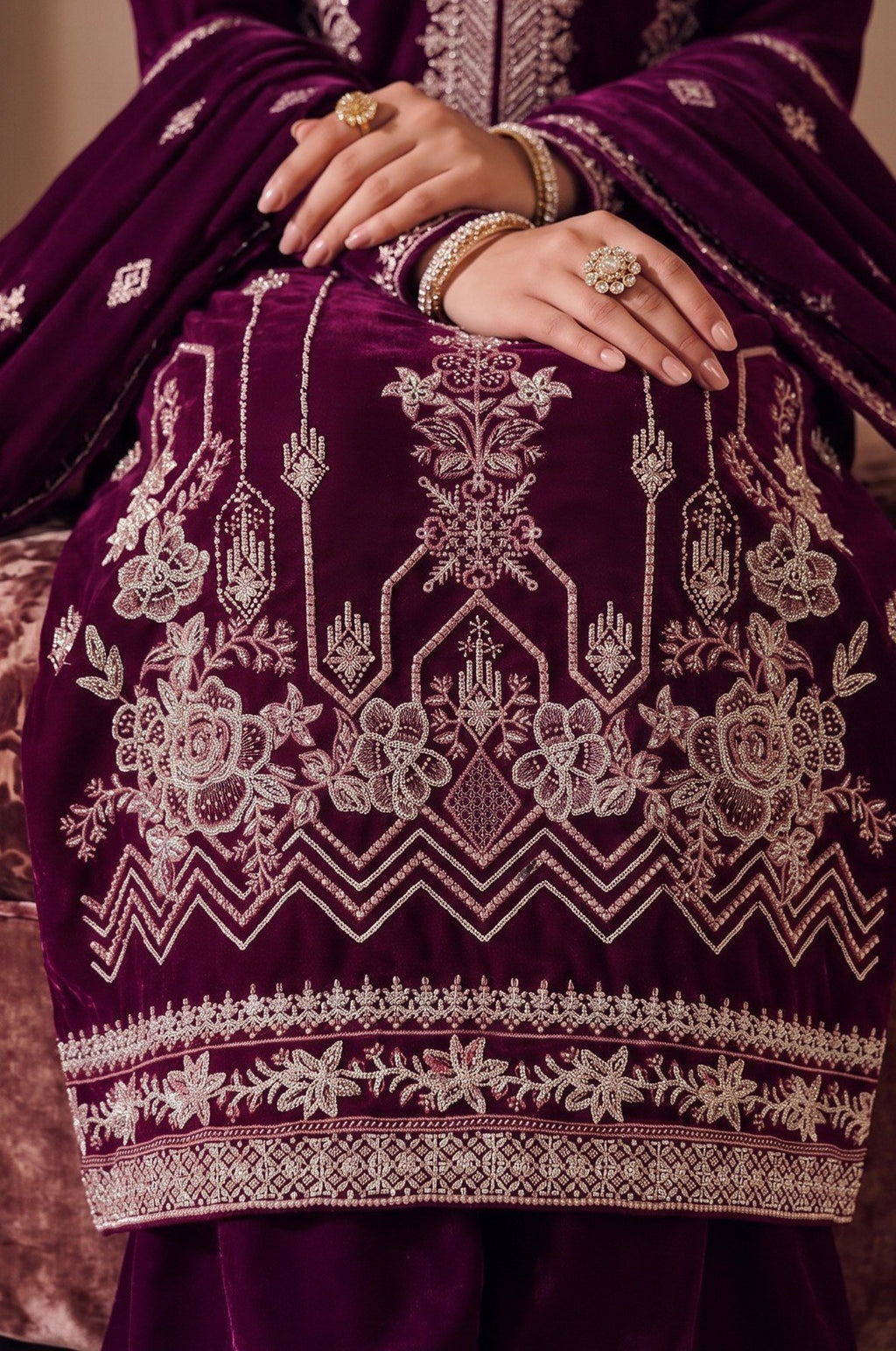 Plum Purple Embroidered Velvet 3-Piece Wedding Suit