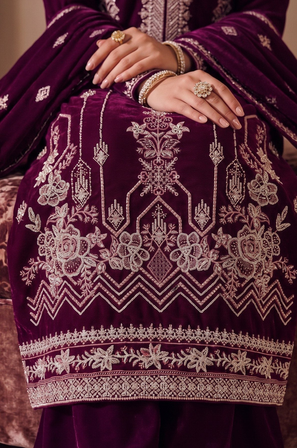 Plum Purple Embroidered Velvet 3-Piece Wedding Suit