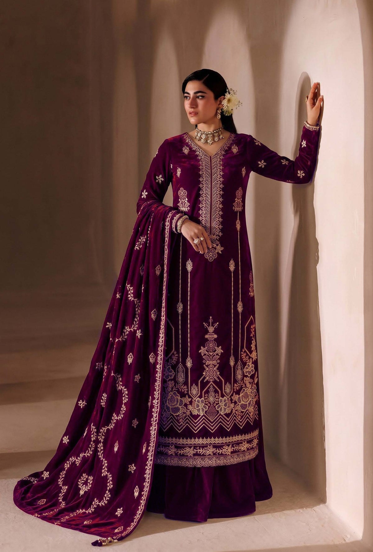 Plum Purple Embroidered Velvet 3-Piece Wedding Suit