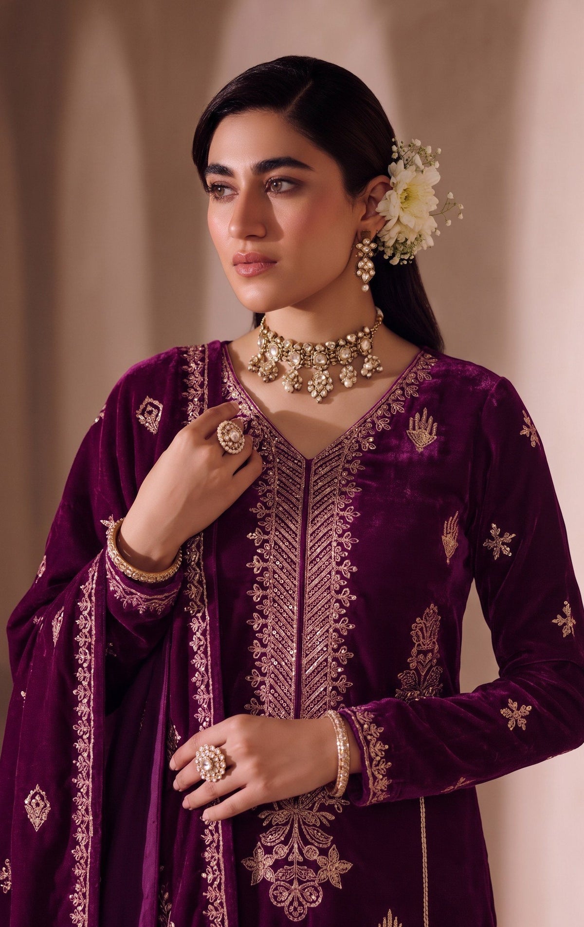 Plum Purple Embroidered Velvet 3-Piece Wedding Suit