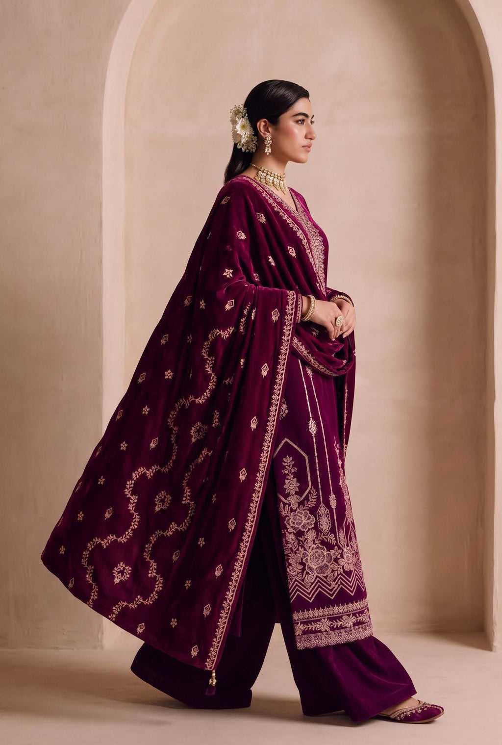 Plum Purple Embroidered Velvet 3-Piece Wedding Suit