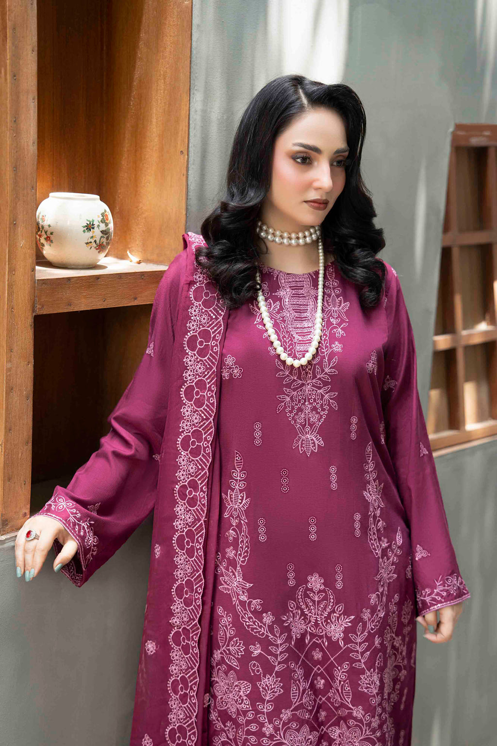 Plum Purple Slub Viscose Suit With Crinkle Dupattal 3-Piece Suit – Unstitched