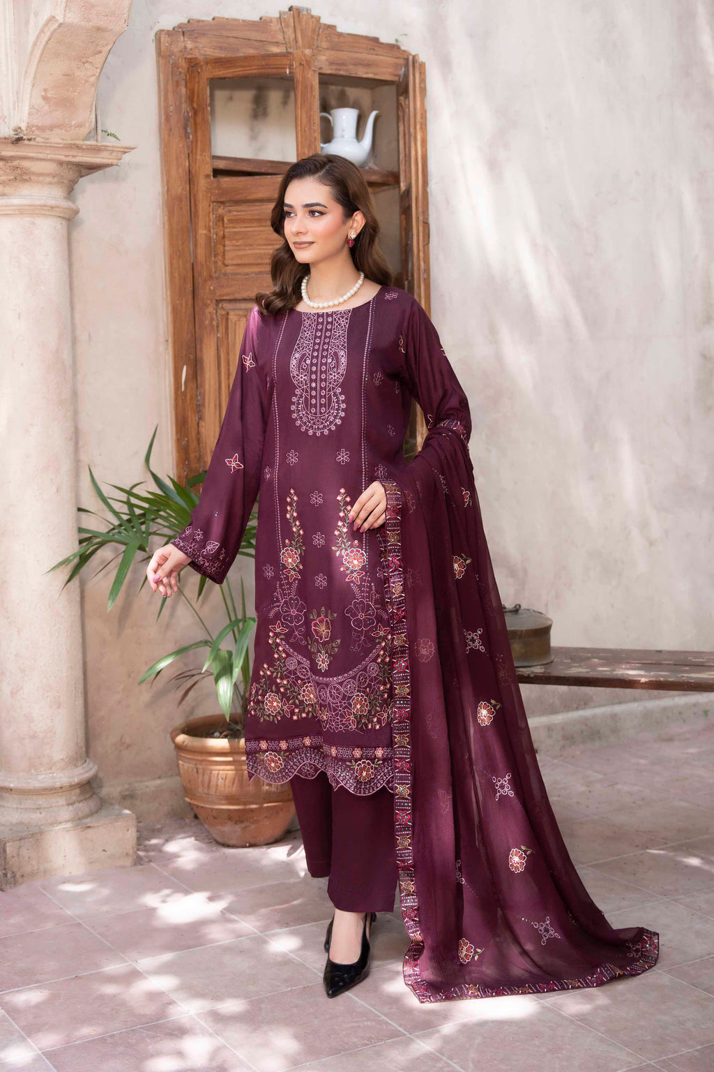 LUXURY PLUM EMBROIDERED SLUB ZARI VISCOSE SET
