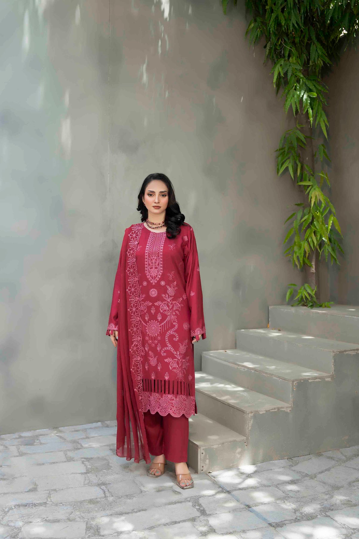 Plum Red Slub Viscose Suit With Crinkle Dupattal 3-Piece Suit – Unstitched
