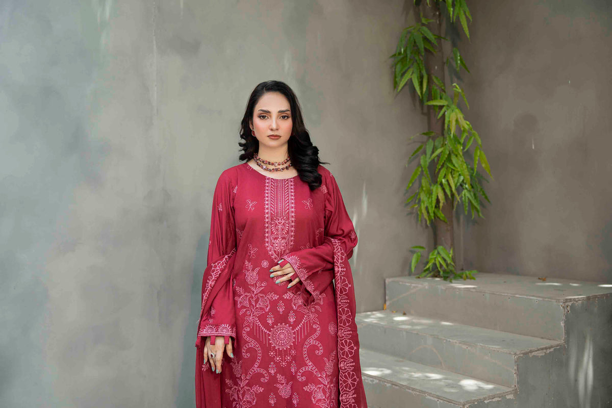 Plum Red Slub Viscose Suit With Crinkle Dupattal 3-Piece Suit – Unstitched