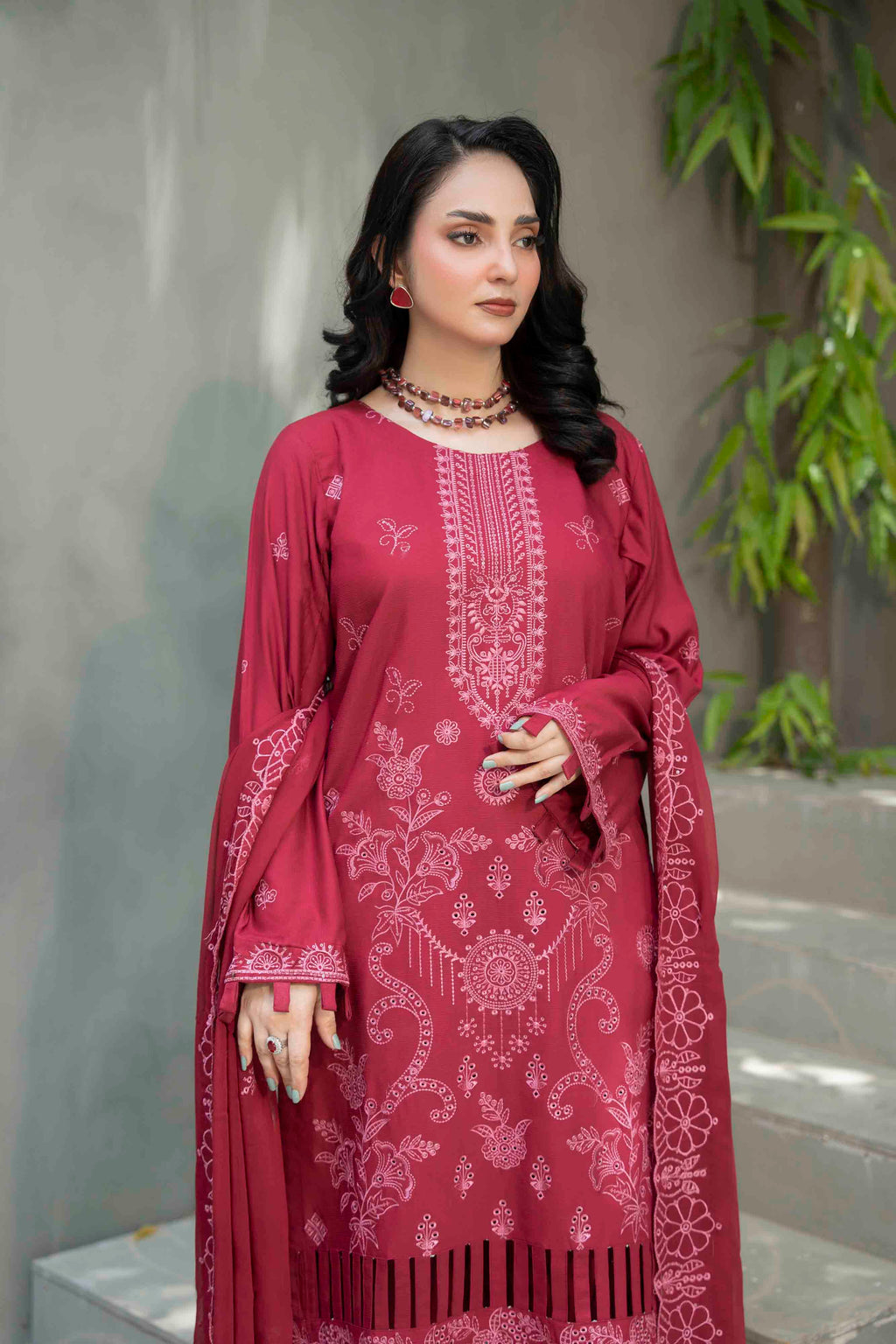 Plum Red Slub Viscose Suit With Crinkle Dupattal 3-Piece Suit – Unstitched