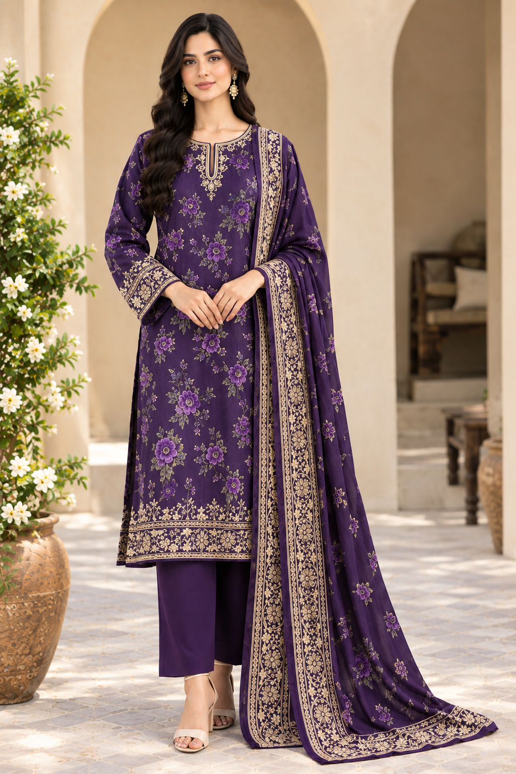 Plum Unstitched Embroidered Linen 3pc