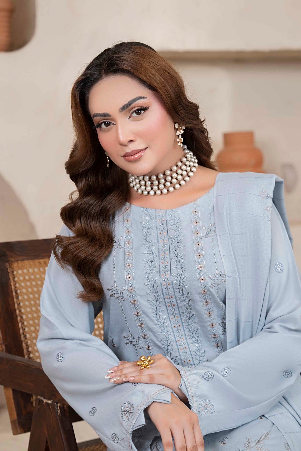 Ice Blue Luxury Dhanak Suit With Velvet Shawl 3-Piece Suit – Unstitched
