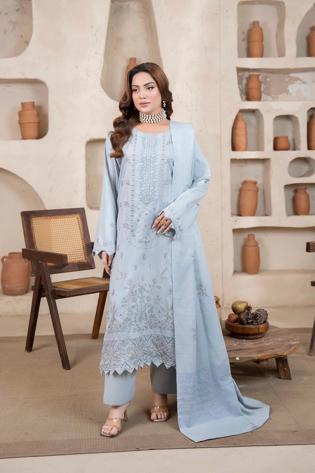 Ice Blue Luxury Dhanak Suit With Velvet Shawl 3-Piece Suit – Unstitched
