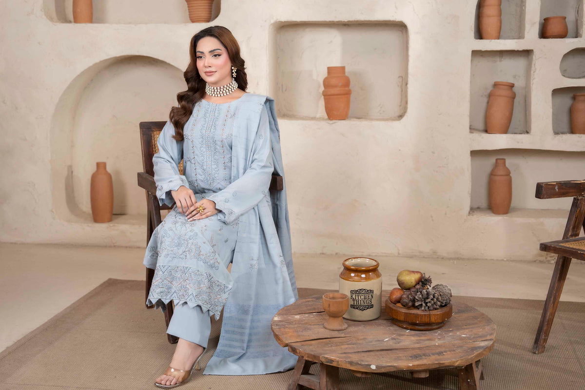 Ice Blue Luxury Dhanak Suit With Velvet Shawl 3-Piece Suit – Unstitched