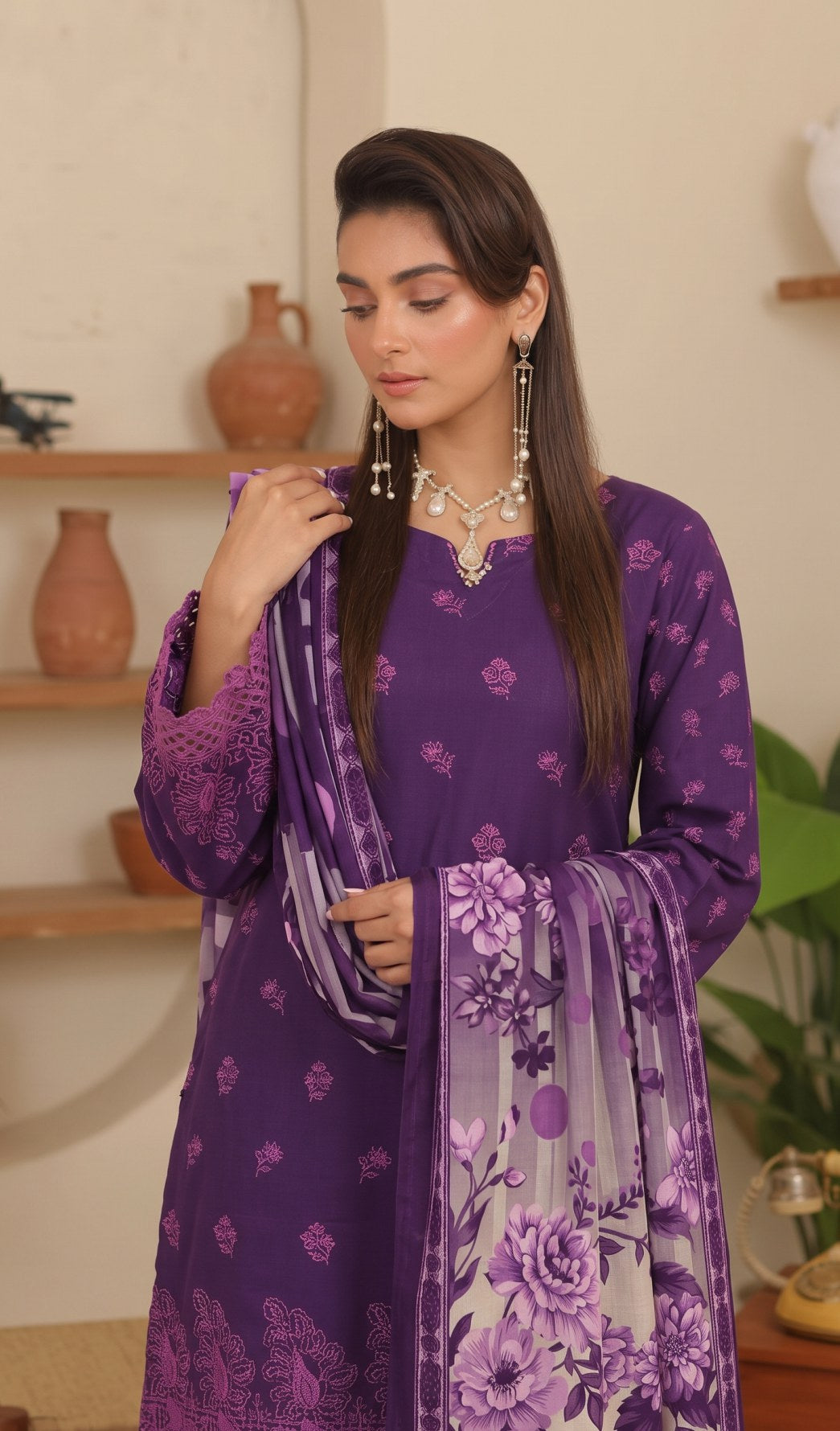 Purple Embroidered Printed Khaddar Chicken Kari  3-Piece Suit
