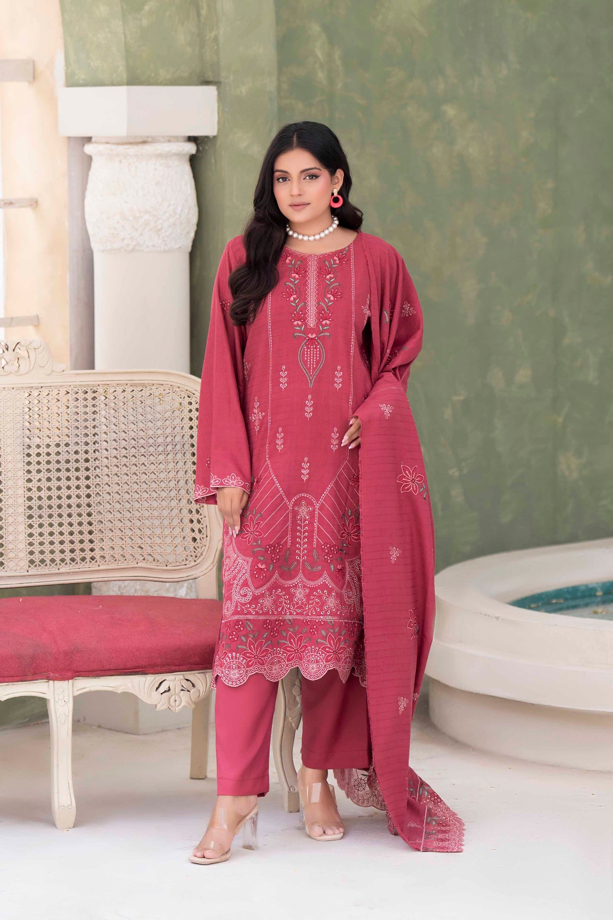 ROSE PINK LUXURY EMBROIDERED VELVET STRIPE CHAMKI SET
