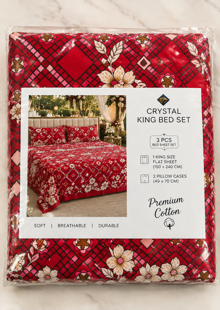 Luxury Red Floral Crystal Cotton King Bed Set