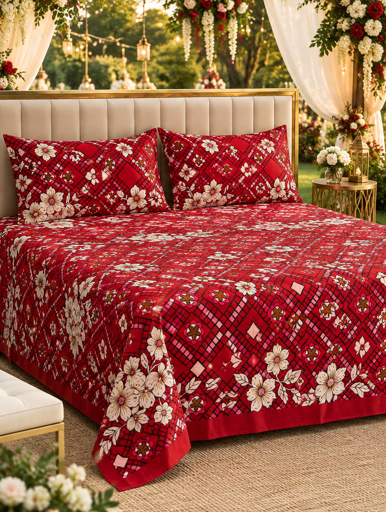 Luxury Red Floral Crystal Cotton King Bed Set