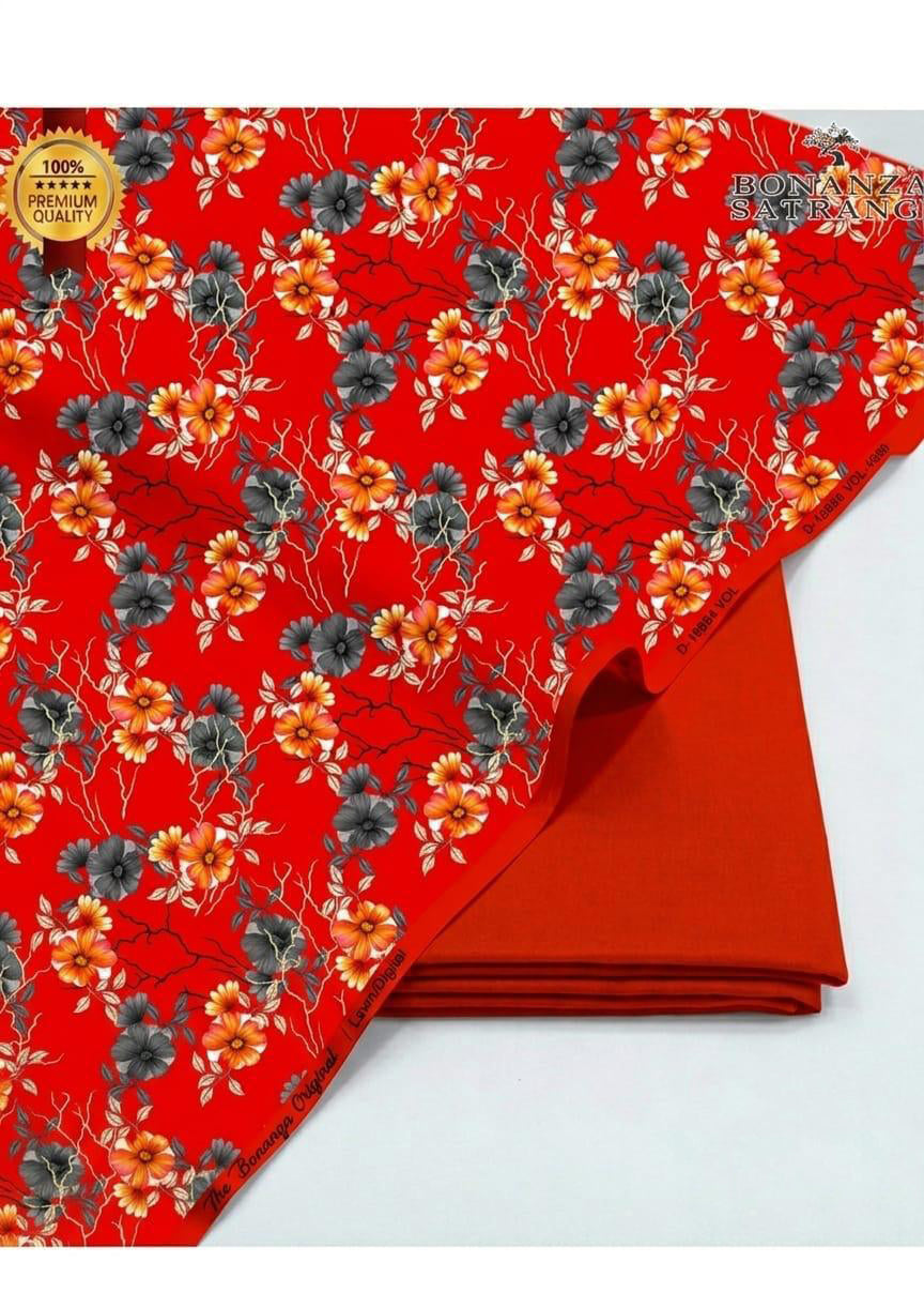Red Unstitched Printed Lawn 2-Piece Suit