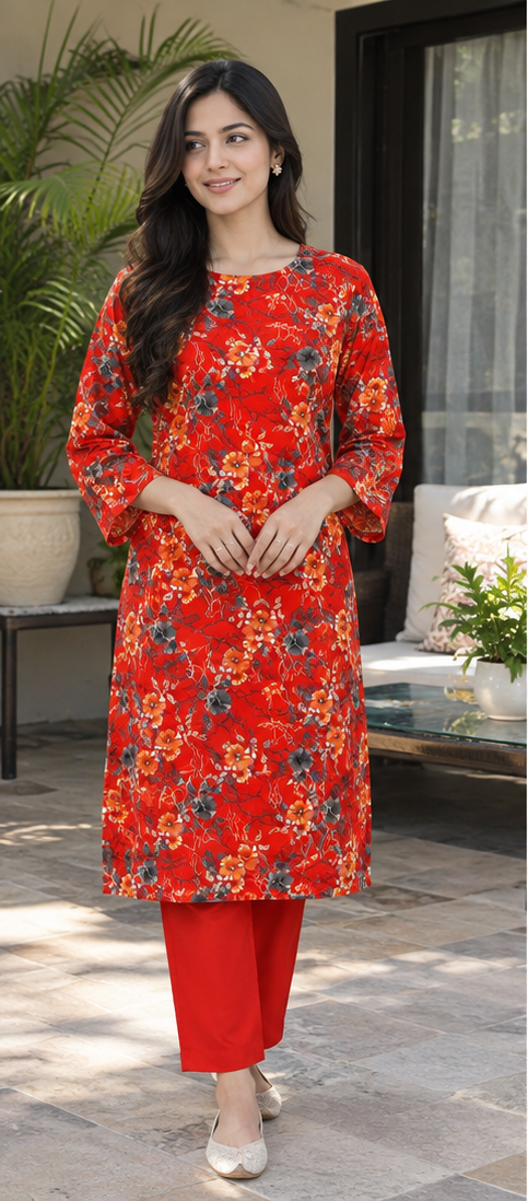 Red Unstitched Printed Lawn 2-Piece Suit