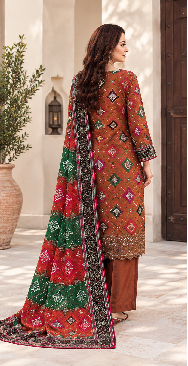 Rust Brown Unstitched Embroidered Linen 3-Piece