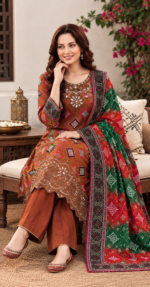 Rust Brown Unstitched Embroidered Linen 3-Piece