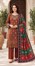 Rust Brown Unstitched Embroidered Linen 3-Piece