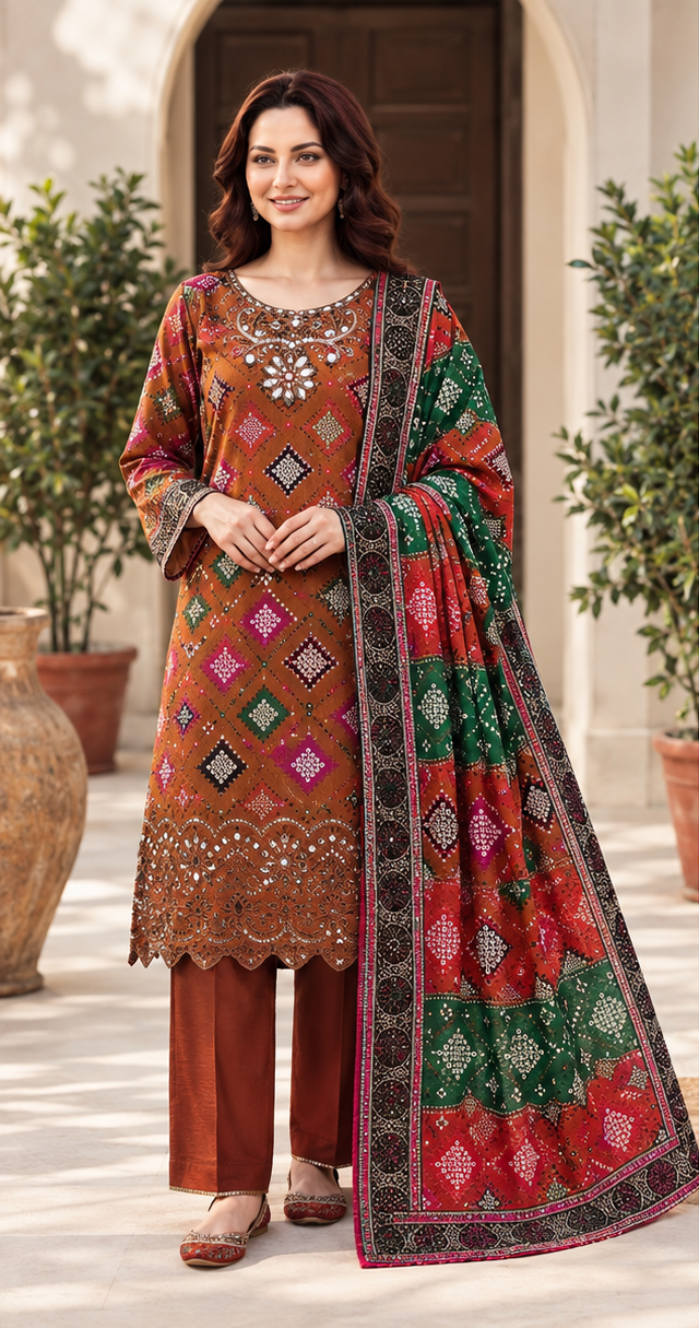 Rust Brown Unstitched Embroidered Linen 3-Piece