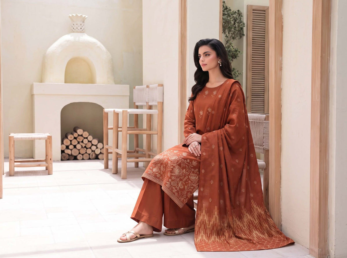 Rust Orange Embroidered Dhanak 3-Piece Suit