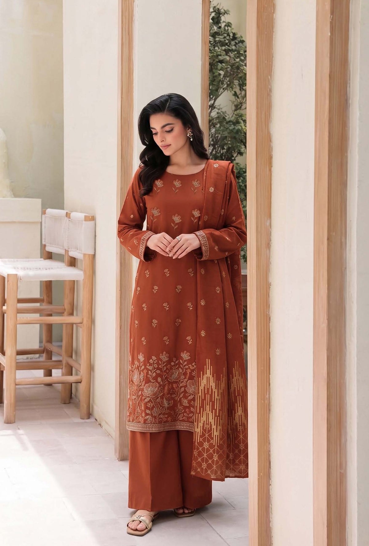 Rust Orange Embroidered Dhanak 3-Piece Suit