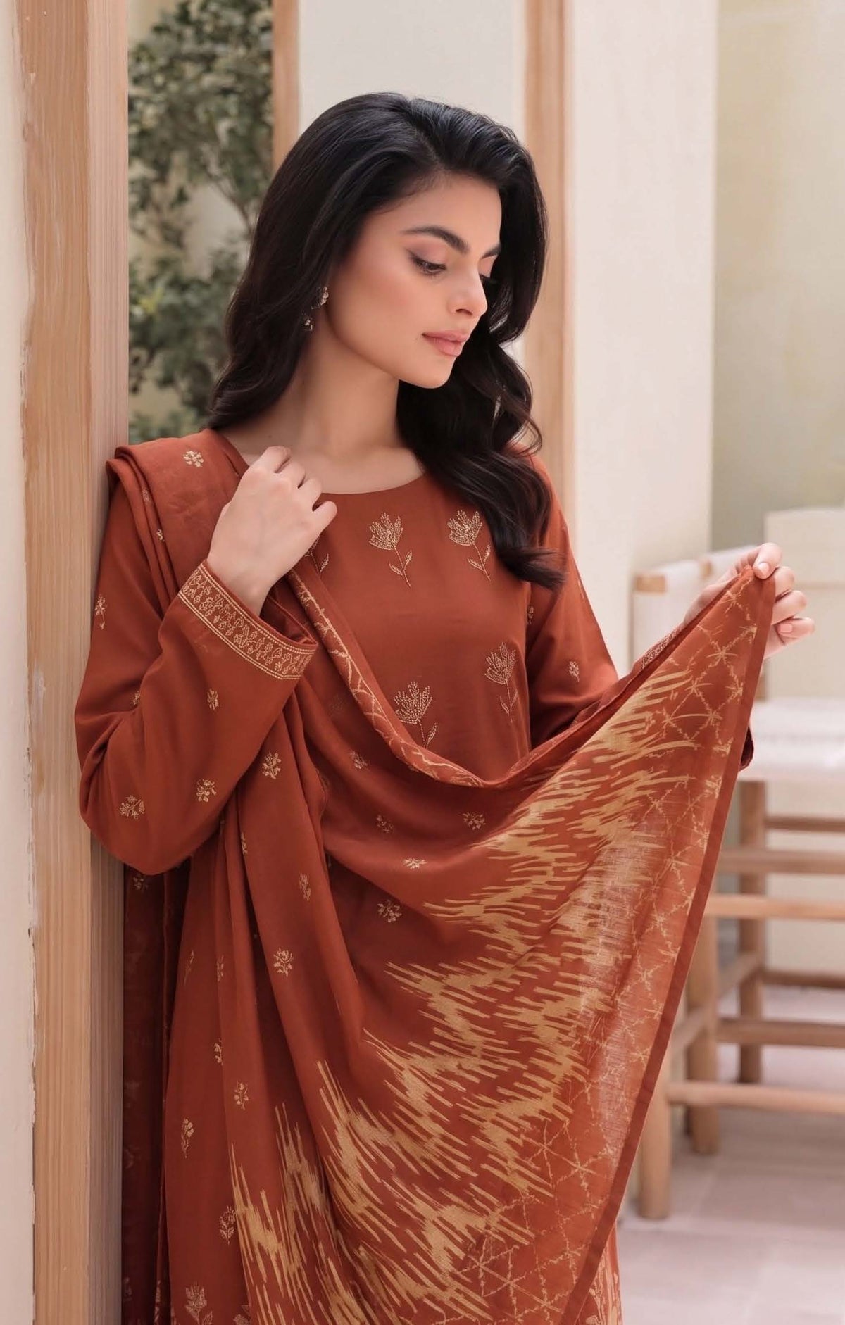 Rust Orange Embroidered Dhanak 3-Piece Suit
