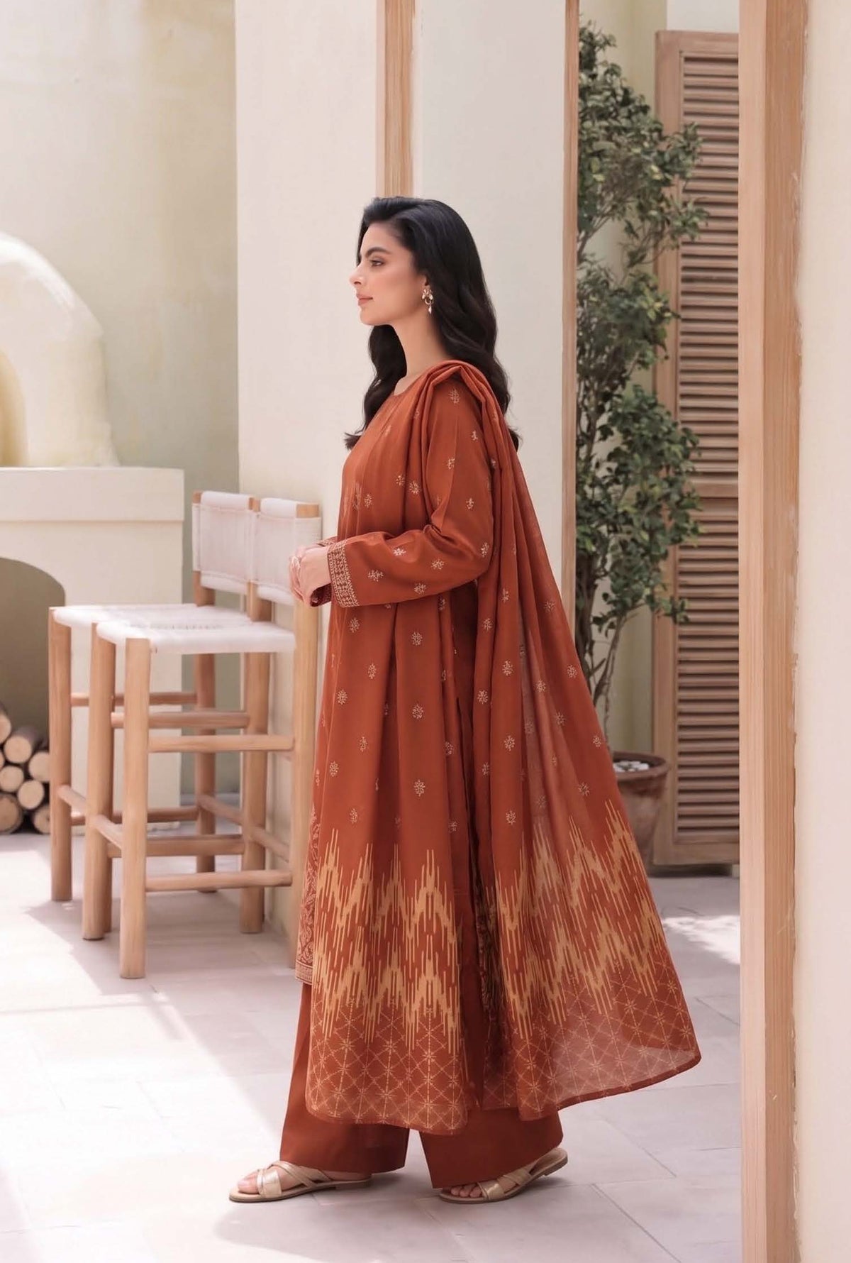 Rust Orange Embroidered Dhanak 3-Piece Suit