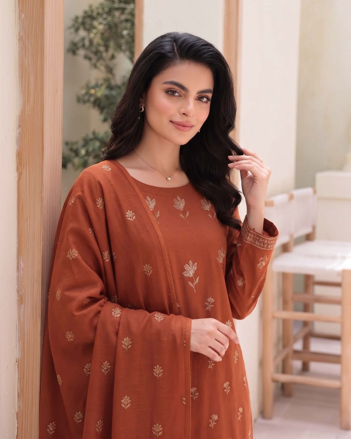 Rust Orange Embroidered Dhanak 3-Piece Suit