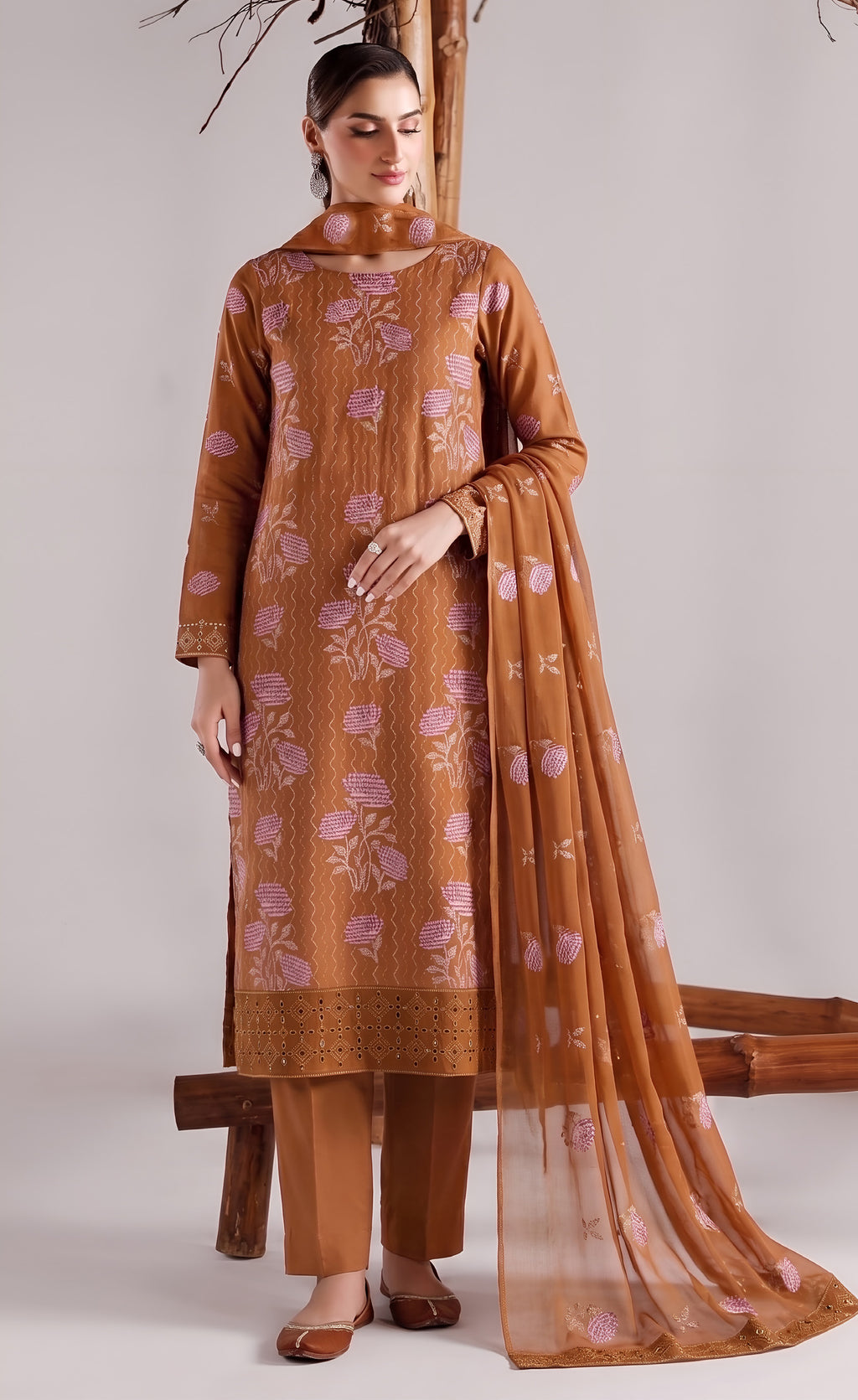 Rust Orange Embroidered Karandi 3-Piece Suit – Unstitched