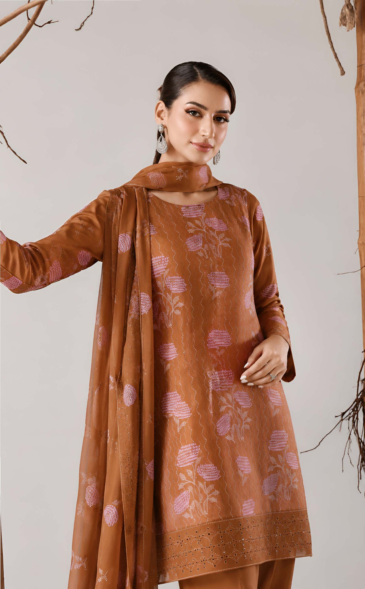 Rust Orange Embroidered Karandi 3-Piece Suit – Unstitched