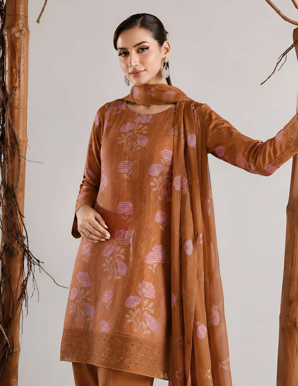 Rust Orange Embroidered Karandi 3-Piece Suit – Unstitched