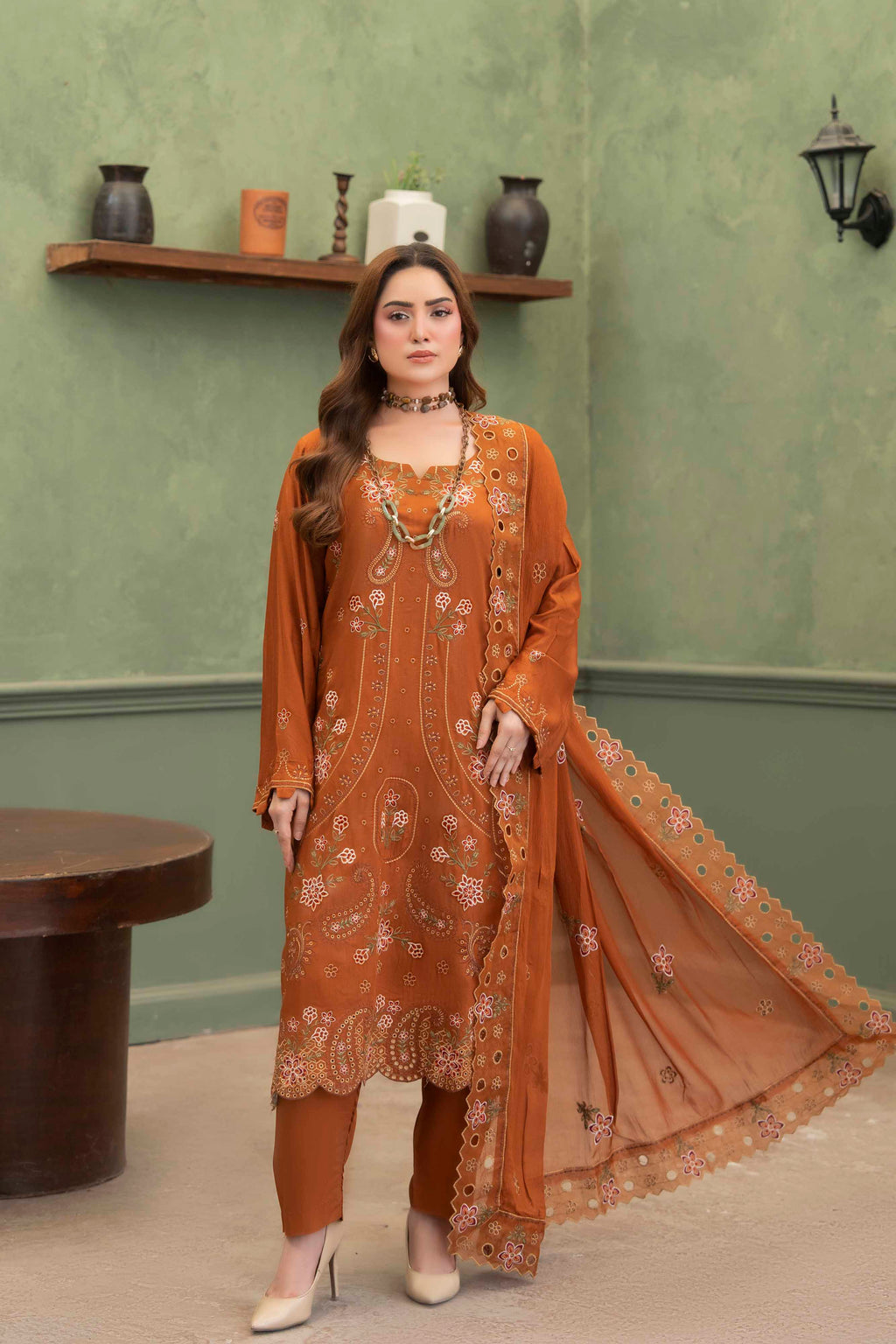 Rust Orange Embroidered Piece Suit with Crinkle Dupatta 3-Piece Suit
