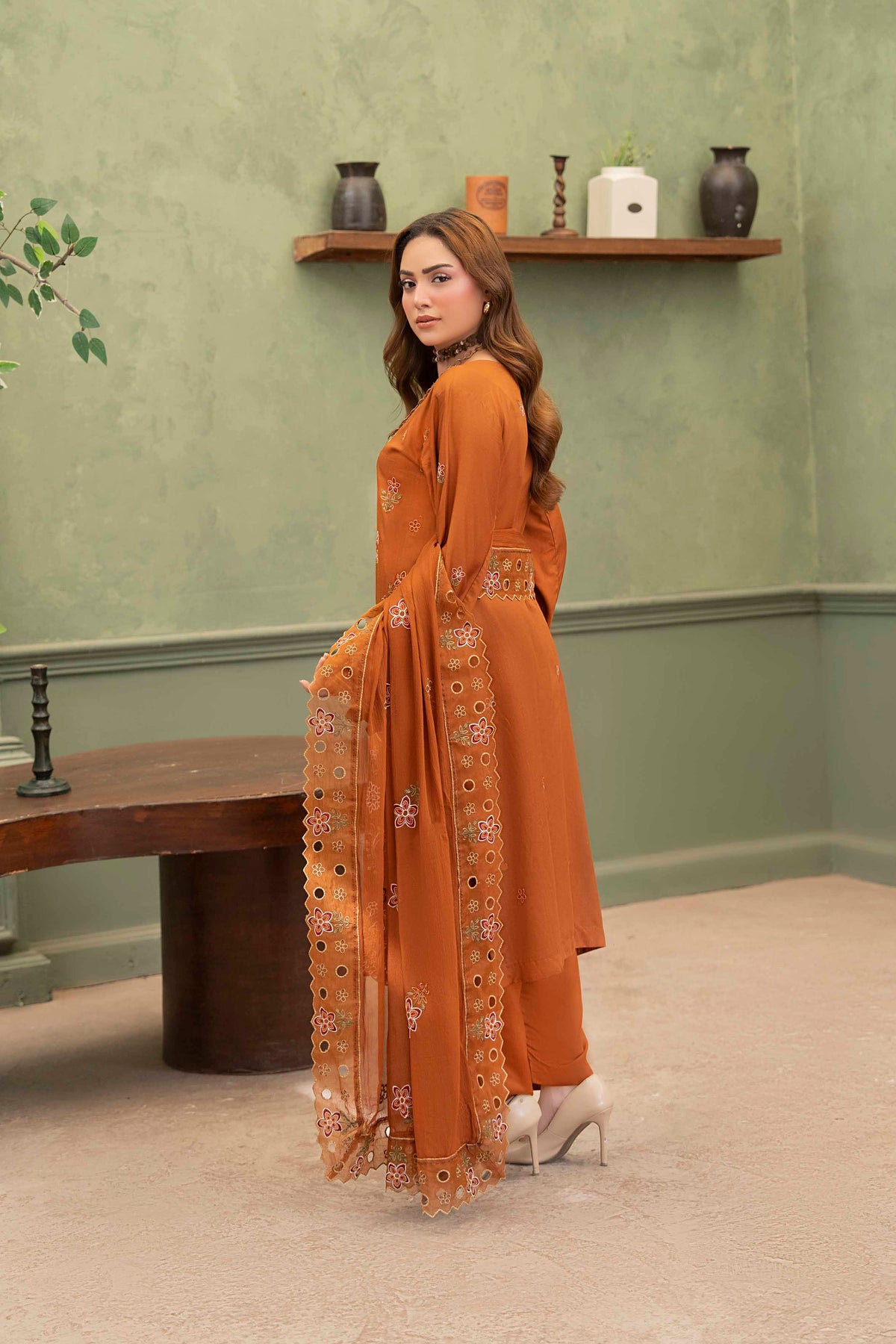 Rust Orange Embroidered Piece Suit with Crinkle Dupatta 3-Piece Suit