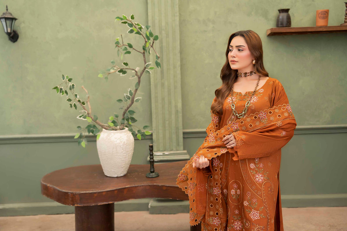 Rust Orange Embroidered Piece Suit with Crinkle Dupatta 3-Piece Suit