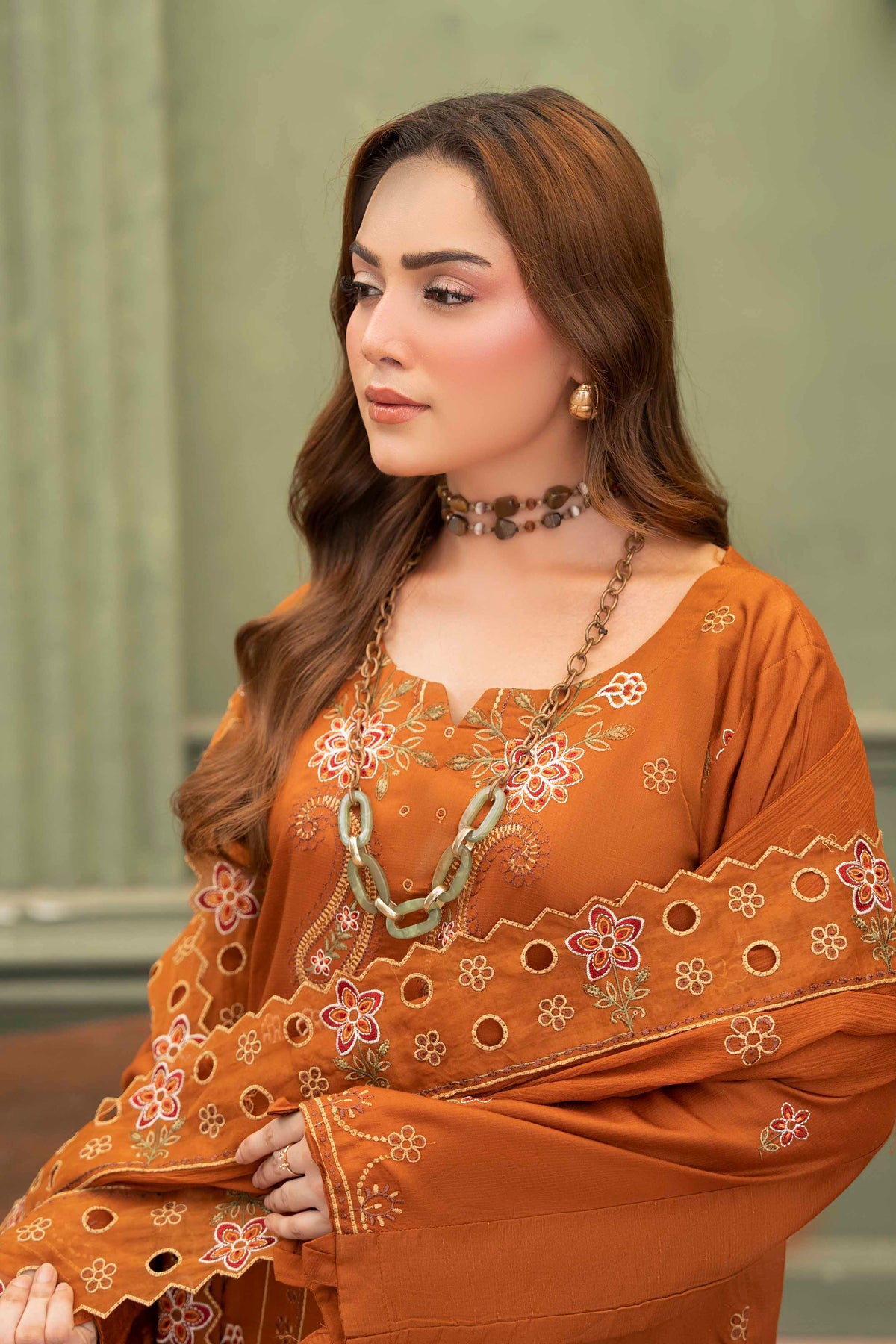 Rust Orange Embroidered Piece Suit with Crinkle Dupatta 3-Piece Suit