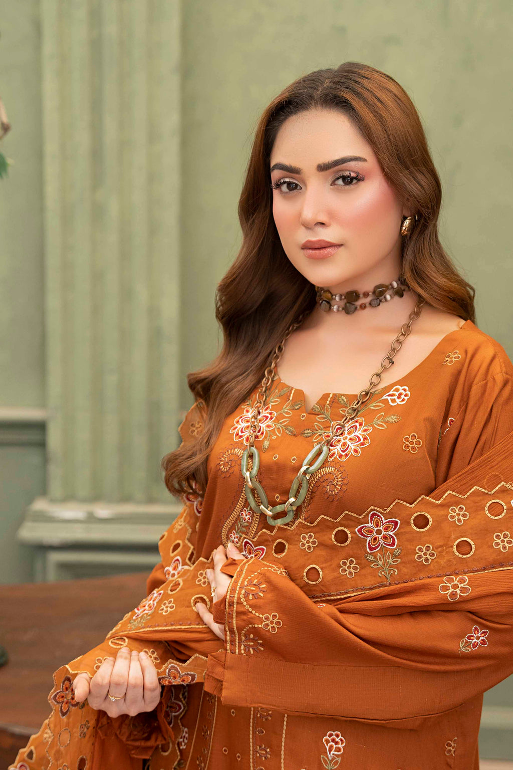 Rust Orange Embroidered Piece Suit with Crinkle Dupatta 3-Piece Suit