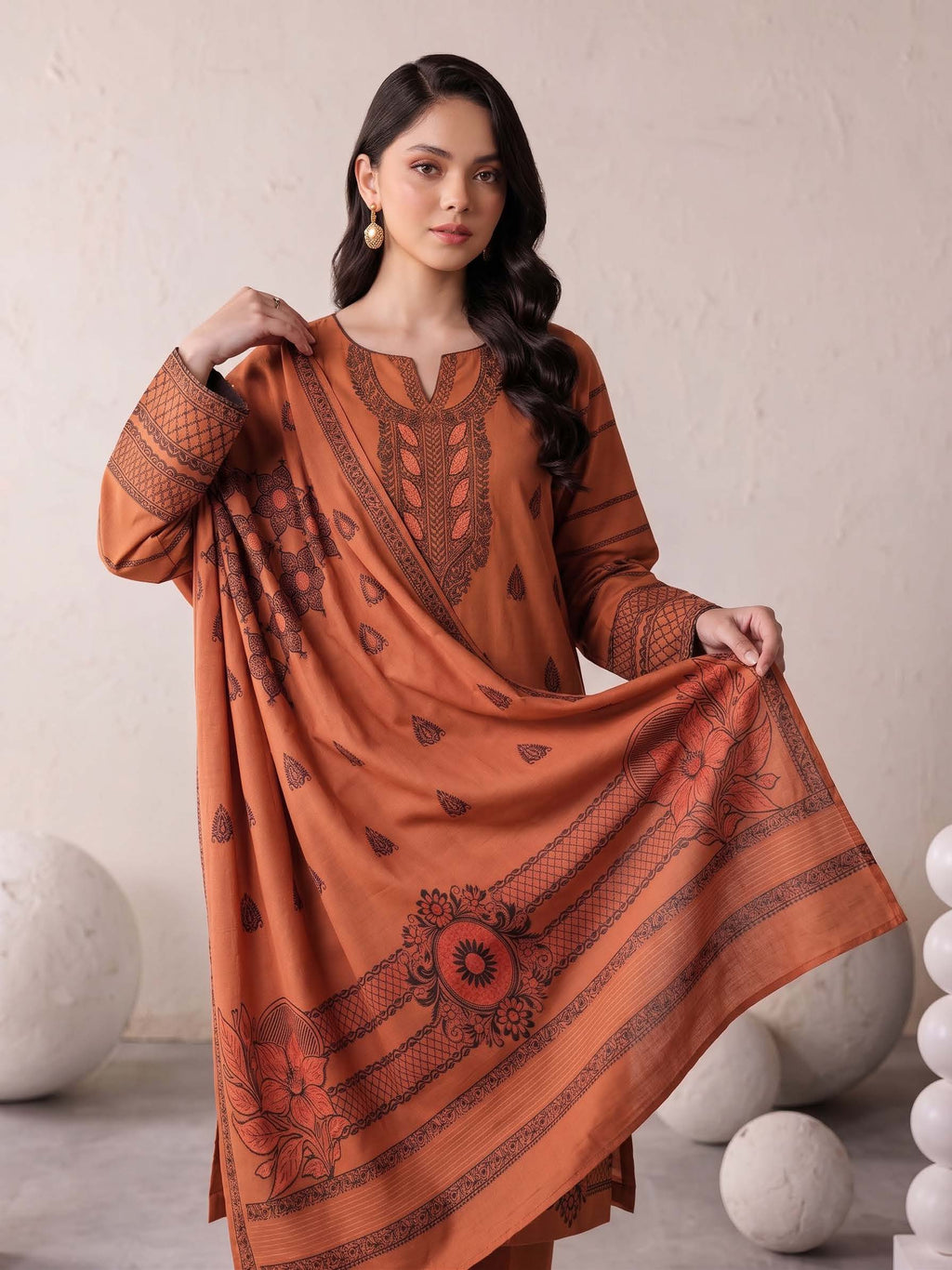 Rust Orange Premium Velvet Barosha 3 Piece Suit– Unstitched