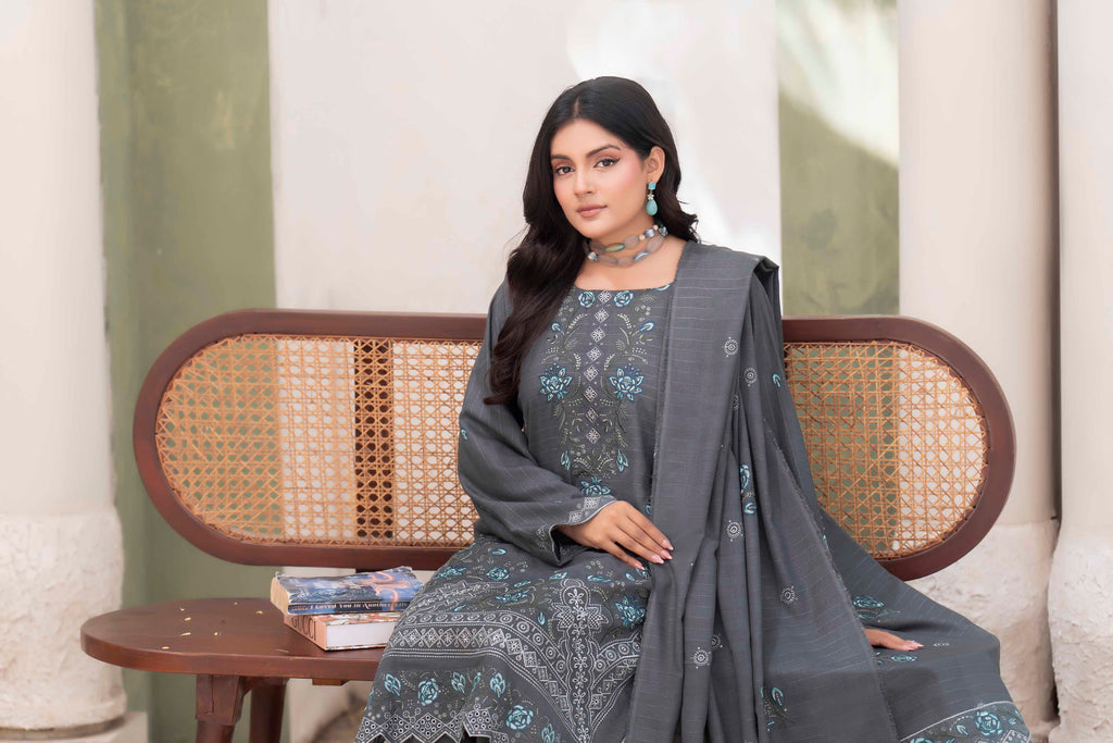 SLATE GREY LUXURY EMBROIDERED VELVET STRIPE CHAMKI SET