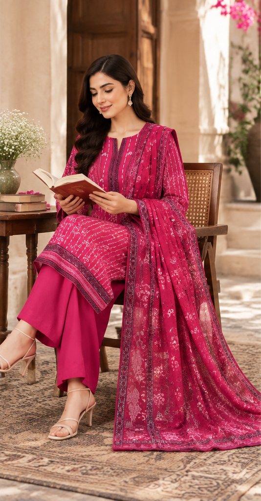 Shocking Pink Unstitched Embroidered Lawn Suit 3-Piece