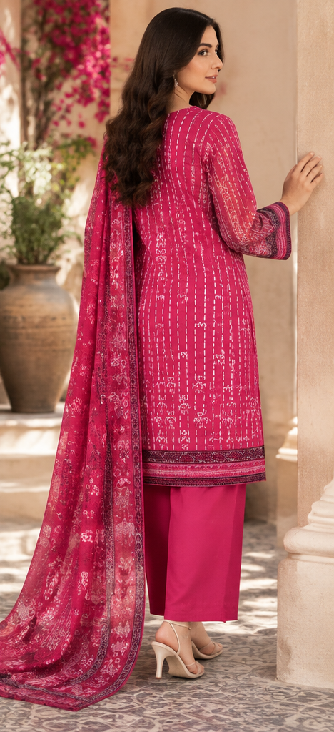 Shocking Pink Unstitched Embroidered Lawn Suit 3-Piece
