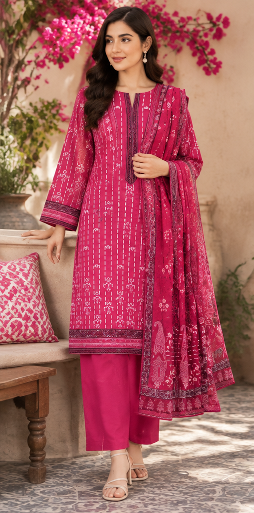 Shocking Pink Unstitched Embroidered Lawn Suit 3-Piece