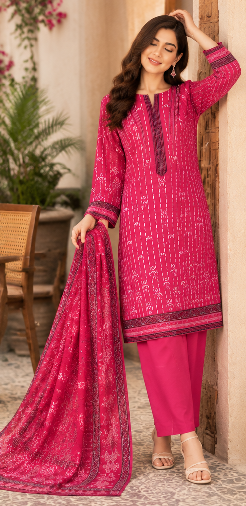 Shocking Pink Unstitched Embroidered Lawn Suit 3-Piece