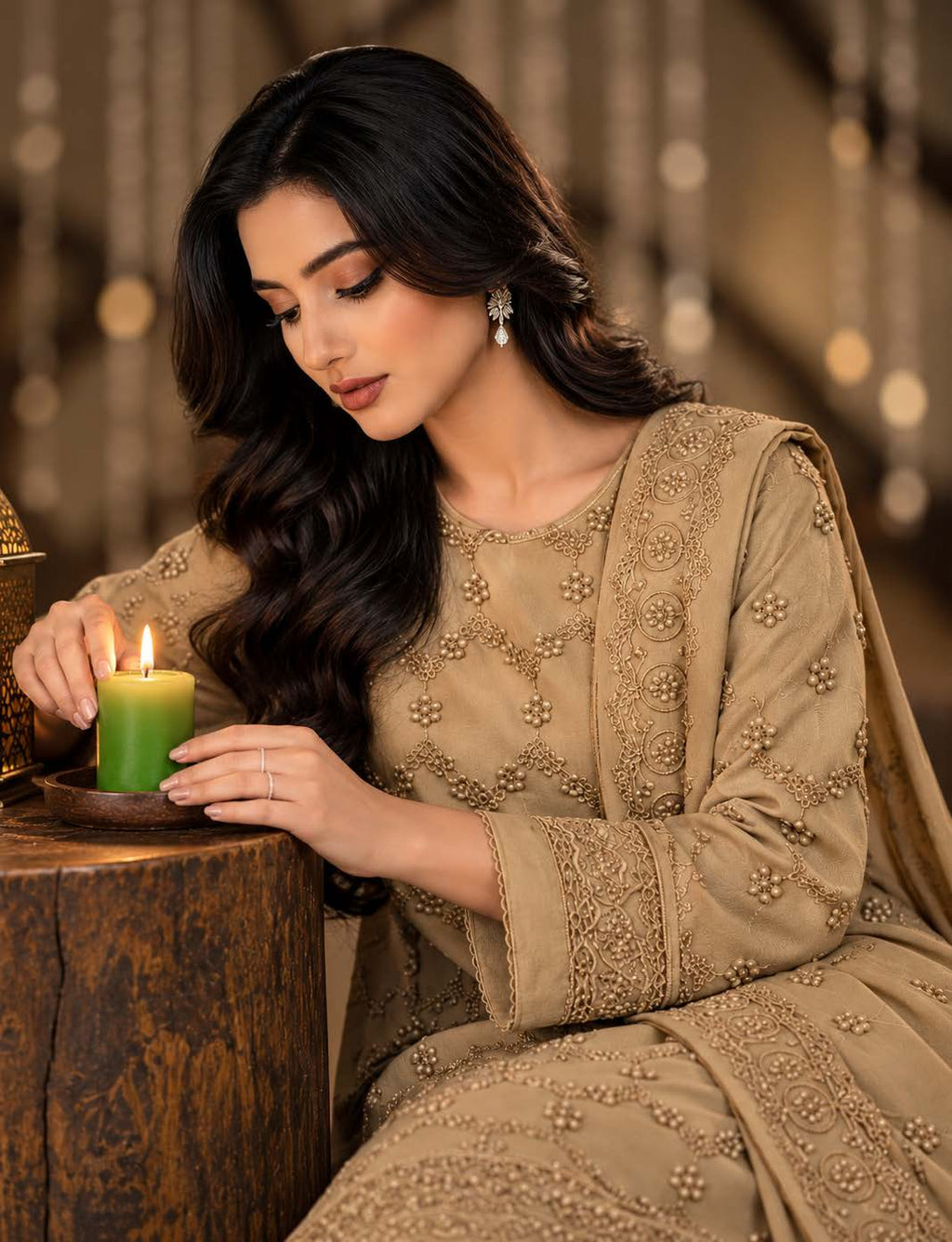 Skin Embroidered Dhanak Chicken Kari 3-Piece Suit – Unstitched