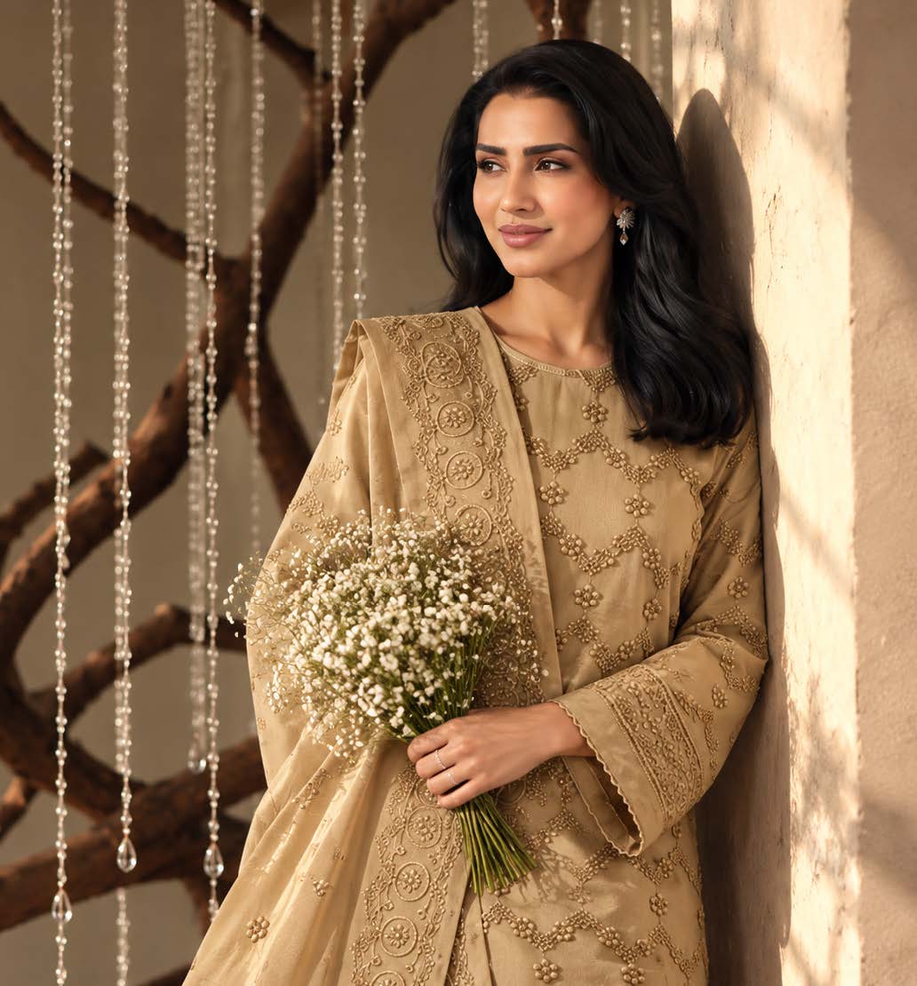 Skin Embroidered Dhanak Chicken Kari 3-Piece Suit – Unstitched